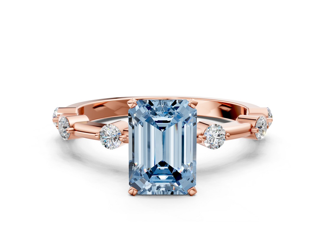 Rose gold Fancy Blue Emerald  Solitaire Diamond Ring with Bezel Set Side Stones and Prong Setting_3