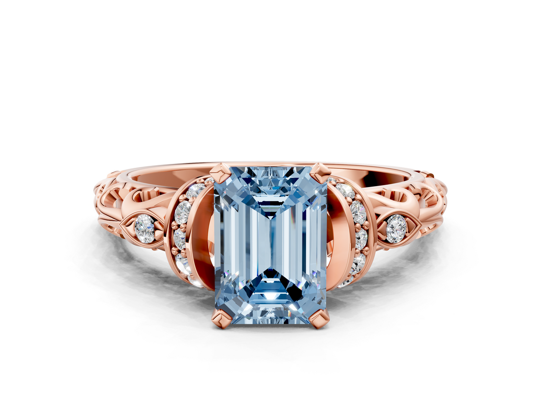 Rose gold Fancy Blue Emerald  Solitaire Diamond Ring with Filigree Band and Four-Prong Setting_48
