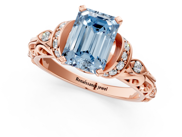 Rose gold Fancy Blue Emerald Cut Diamond Solitaire Ring with Filigree Band and Four-Prong Setting