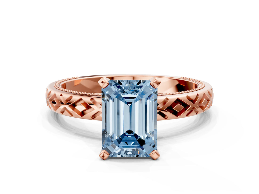 Rose gold Fancy Blue Emerald  Solitaire Diamond Ring with Milgrain and Black Enamel X Pattern Band_166