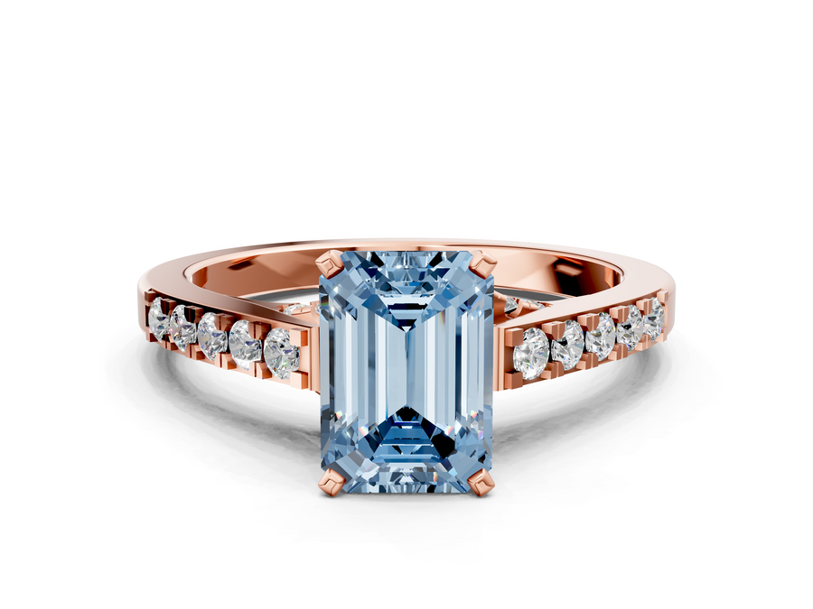 Rose gold Fancy Blue Emerald  Diamond Solitaire Ring with Pavé Band and Prong Setting