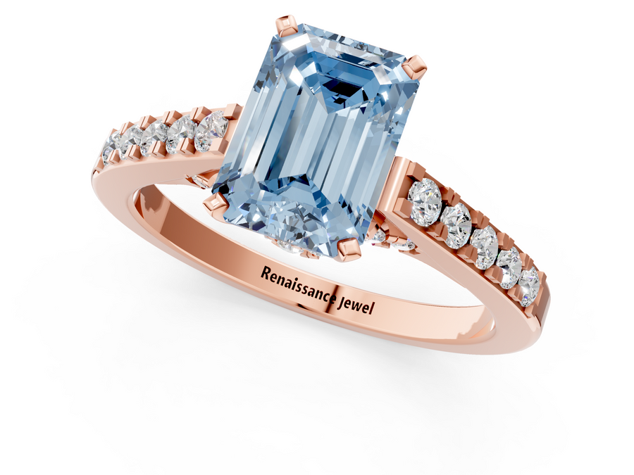 Rose gold Fancy Blue Emerald  Diamond Solitaire Ring with Pavé Band and Prong Setting