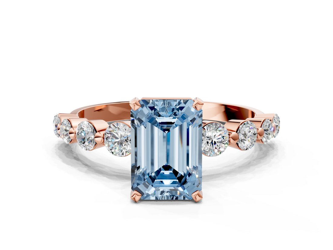 Rose gold Fancy Blue Emerald  Solitaire Diamond Ring with Pave Band and Four-Prong Setting_265