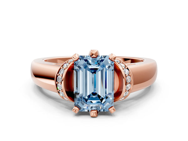 Rose gold Fancy Blue Emerald  Solitaire Diamond Ring with Pave Band and Six-Prong Setting