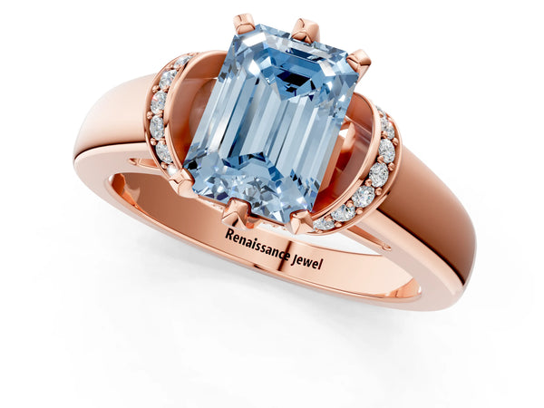 Rose gold Fancy Blue Emerald  Solitaire Diamond Ring with Pave Band and Six-Prong Setting