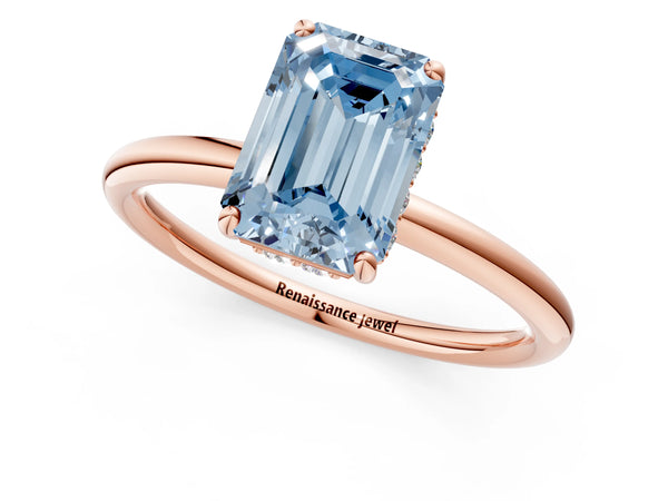 Rose gold Fancy Blue Emerald  Solitaire Diamond Ring with a Classic Band and Four-Prong Setting