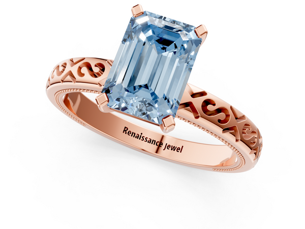 Rose gold Fancy Blue Emerald  Solitaire Engagement Ring with Scrollwork Band and Four-Prong Setting
