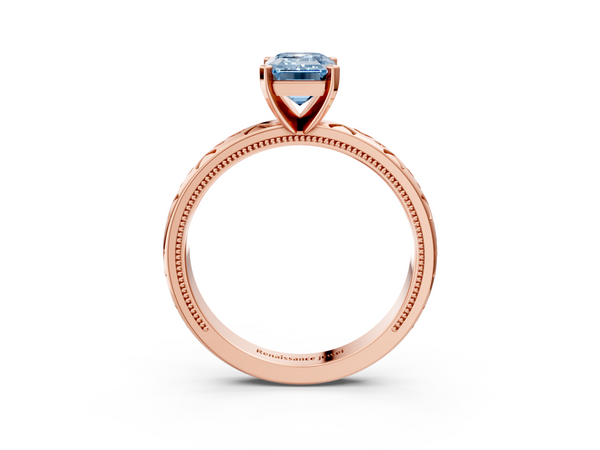 Rose gold Fancy Blue Emerald  Solitaire Engagement Ring with Scrollwork Band and Four-Prong Setting