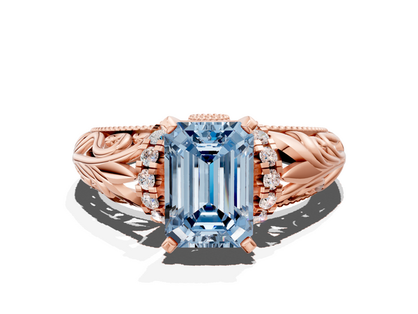 Rose gold Fancy Blue Emerald  Solitaire Filigree Engagement Ring with Halo and Prong Setting