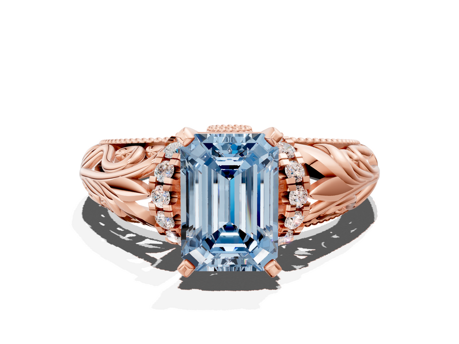 Rose gold Fancy Blue Emerald  Solitaire Filigree Engagement Ring with Halo and Prong Setting