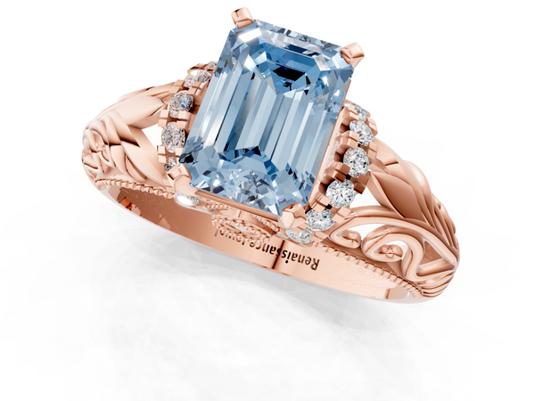 Rose gold Fancy Blue Emerald  Solitaire Filigree Engagement Ring with Halo and Prong Setting