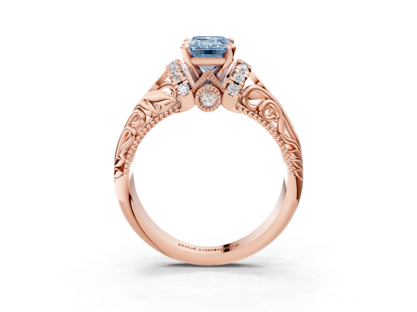 Rose gold Fancy Blue Emerald  Solitaire Filigree Engagement Ring with Halo and Prong Setting