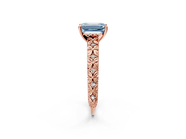 Rose gold Fancy Blue Emerald  Solitaire Floral Milgrain Engagement Ring