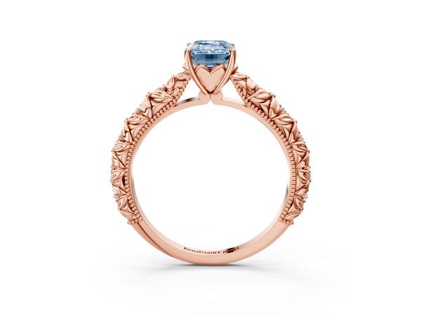 Rose gold Fancy Blue Emerald  Solitaire Floral Milgrain Engagement Ring