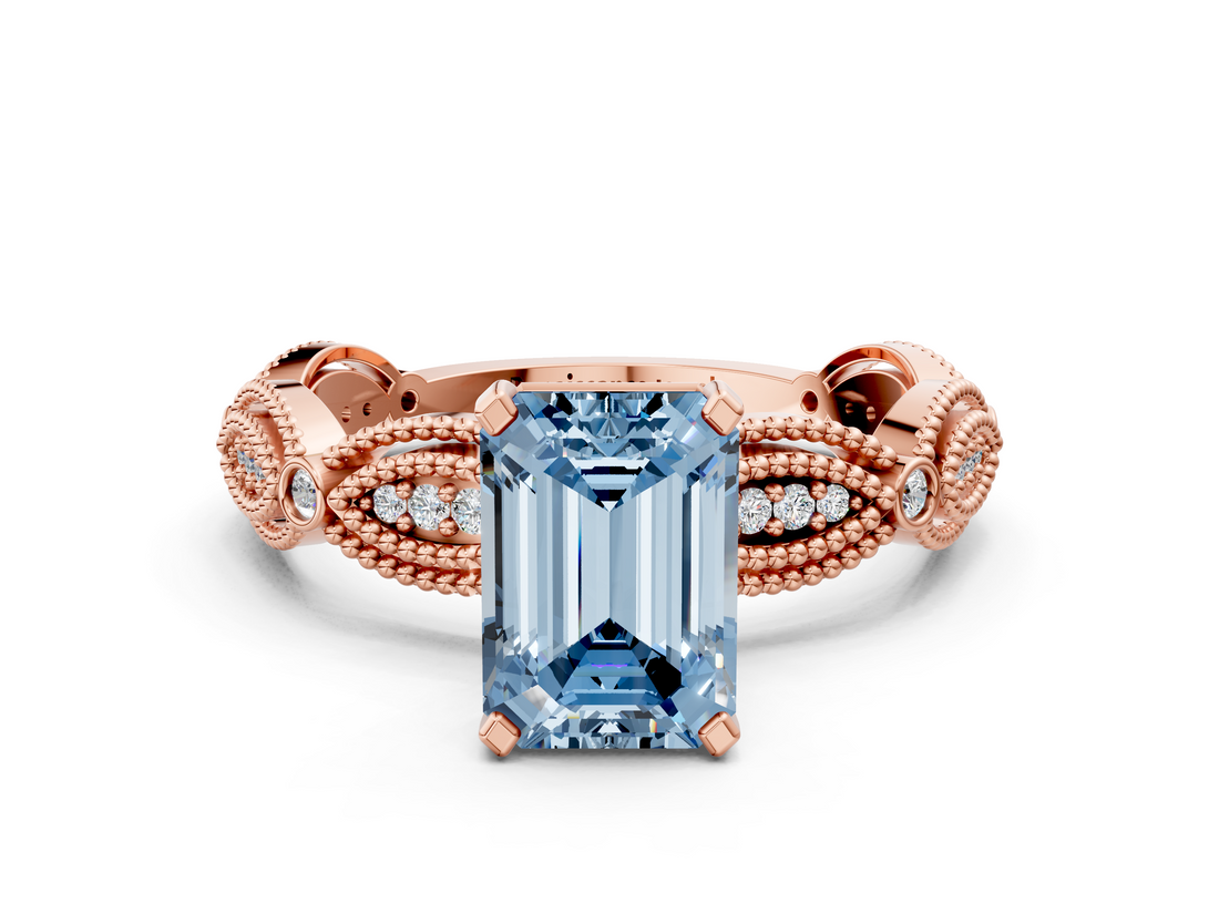Rose gold Fancy Blue Emerald  Solitaire Milgrain Diamond Engagement Ring with Bezel and Marquise Band_143
