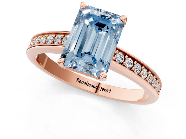 Rose gold Fancy Blue Emerald  Solitaire Pavé Band Prong Setting Ring