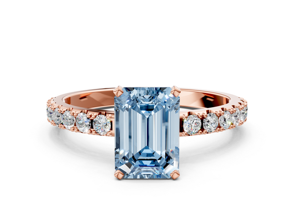 Rose gold Fancy Blue Emerald Cut Diamond Solitaire Pavé Band with Four-Prong Setting