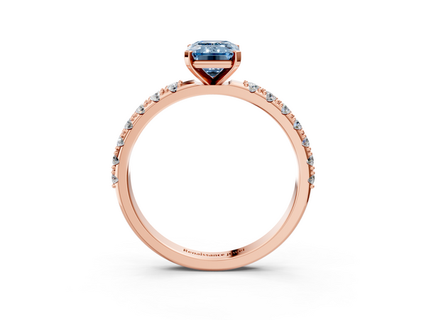 Rose gold Fancy Blue Emerald Cut Diamond Solitaire Pavé Band with Four-Prong Setting