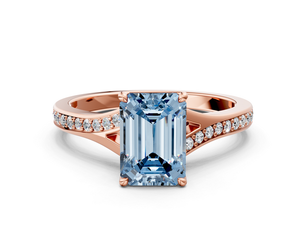 Rose gold Fancy Blue Emerald Cut Diamond Solitaire Ring with Pavé Band and Prong Setting