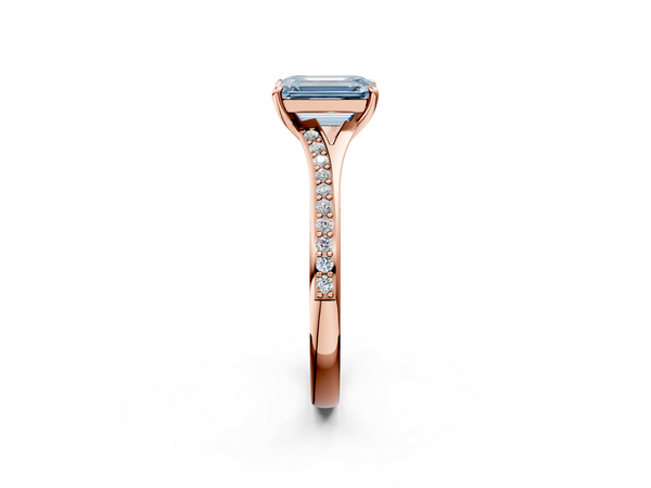 Rose gold Fancy Blue Emerald Cut Diamond Solitaire Ring with Pavé Band and Prong Setting