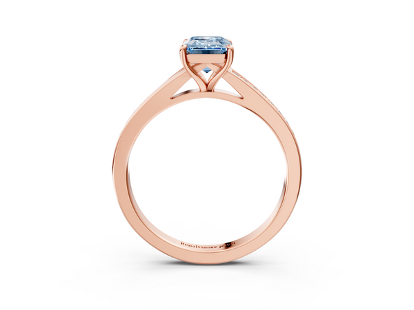 Rose gold Fancy Blue Emerald Cut Diamond Solitaire Ring with Pavé Band and Prong Setting