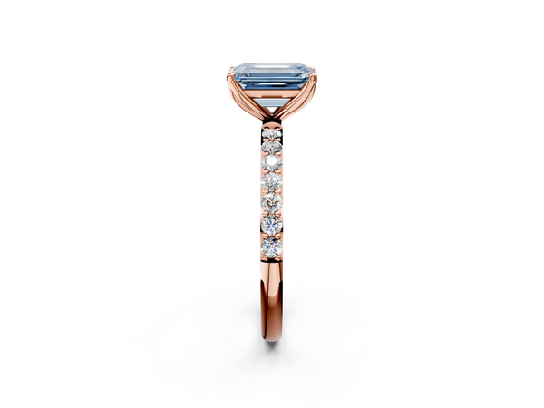Rose gold Fancy Blue Emerald Cut Diamond Solitaire Engagement Ring with Round  Pavé Band and Prong Setting