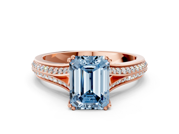 Rose gold Fancy Blue Emerald Cut Diamond Split Shank Engagement Ring with Pavé Band