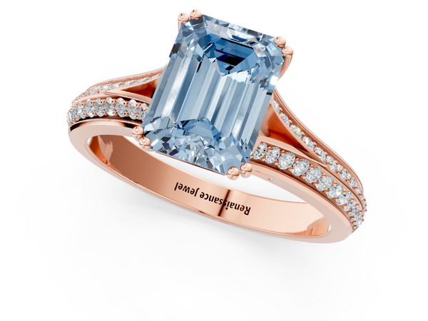 Rose gold Fancy Blue Emerald Cut Diamond Split Shank Engagement Ring with Pavé Band
