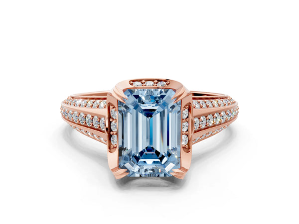 Rose gold Fancy Blue Emerald  Solitaire Pave Split Shank Ring with Four-Prong Setting