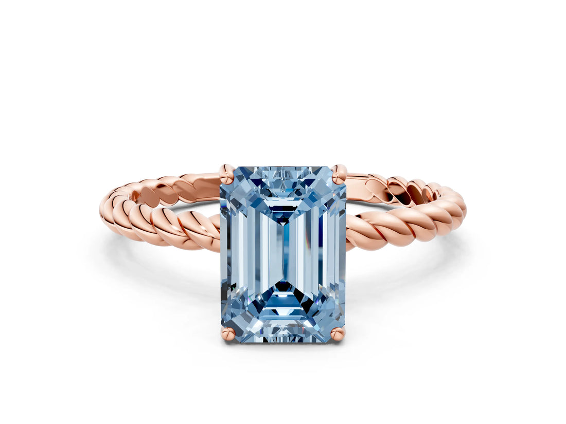 Rose gold Fancy Blue Emerald  Solitaire Twist Band Ring with Four-Prong Setting_68