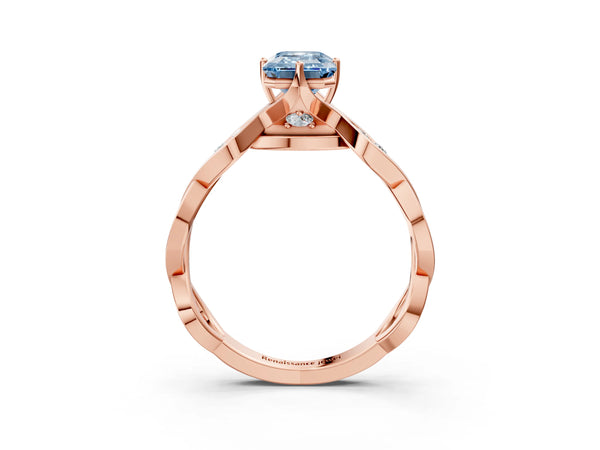 Rose Gold Emerald Cut Accented Twist Engagement Ring Setting for Fancy Blue Center