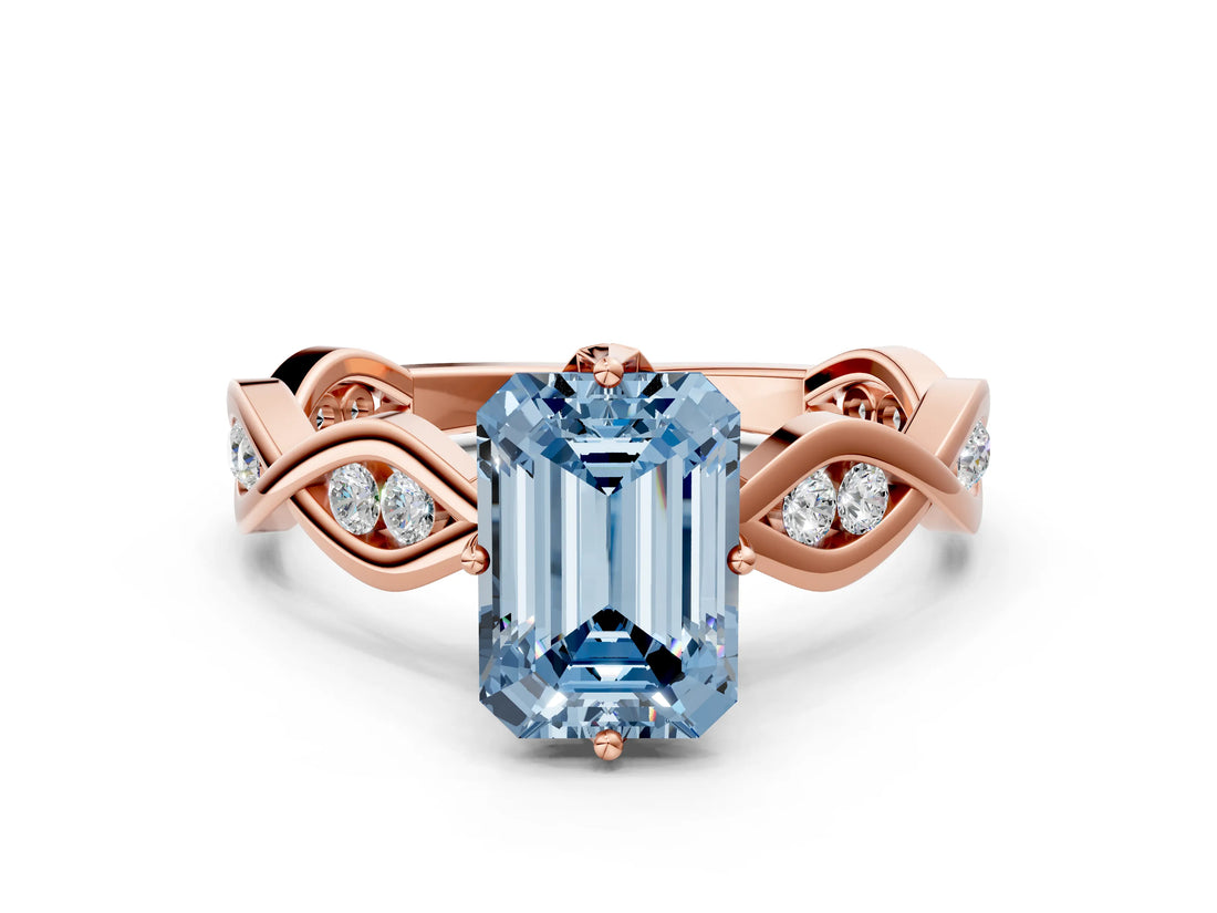 Rose gold Fancy Blue Emerald  Solitaire Twist Band with Leaf Prong Setting
