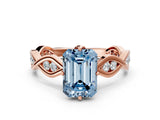 Rose gold Fancy Blue Emerald  Solitaire Twist Band with Leaf Prong Setting
