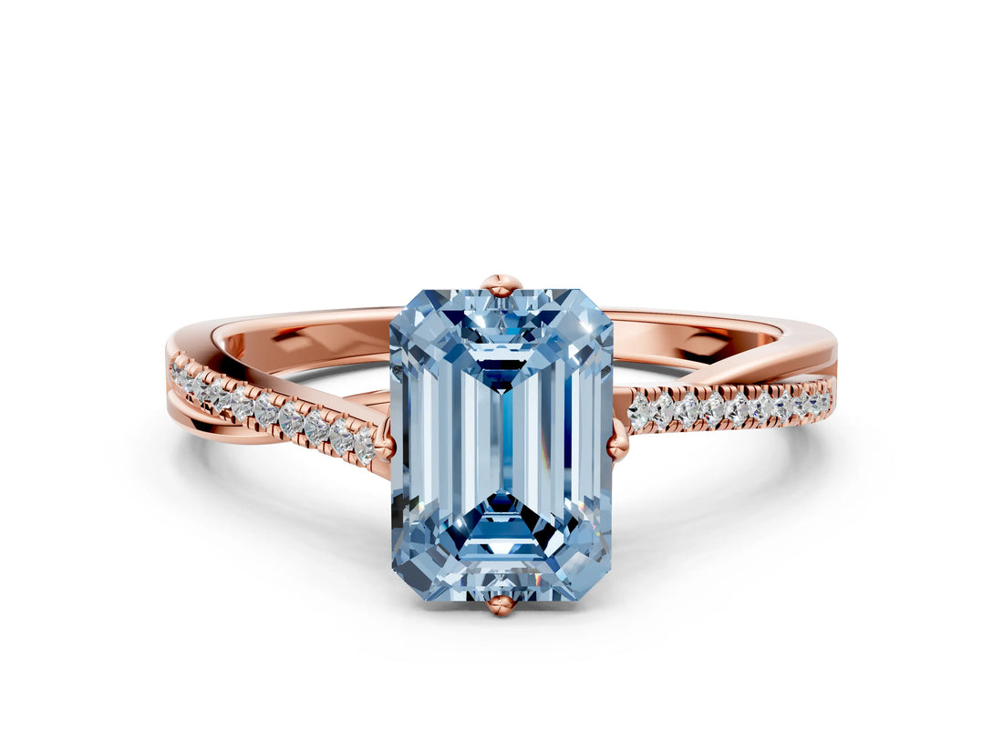 Rose gold Fancy Blue Emerald  Solitaire Twist Band with Pavé Diamonds and Four-Prong Setting_66