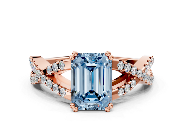 Rose gold Fancy Blue Emerald Cut Diamond Solitaire Ring with Four-Prong Setting and Twisted Pavé Band