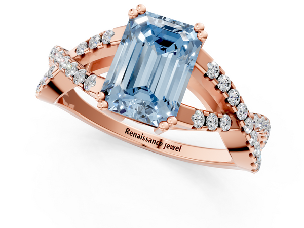 Rose gold Fancy Blue Emerald Cut Diamond Solitaire Ring with Four-Prong Setting and Twisted Pavé Band