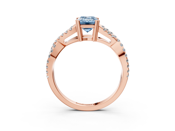 Rose gold Fancy Blue Emerald Cut Diamond Solitaire Ring with Four-Prong Setting and Twisted Pavé Band