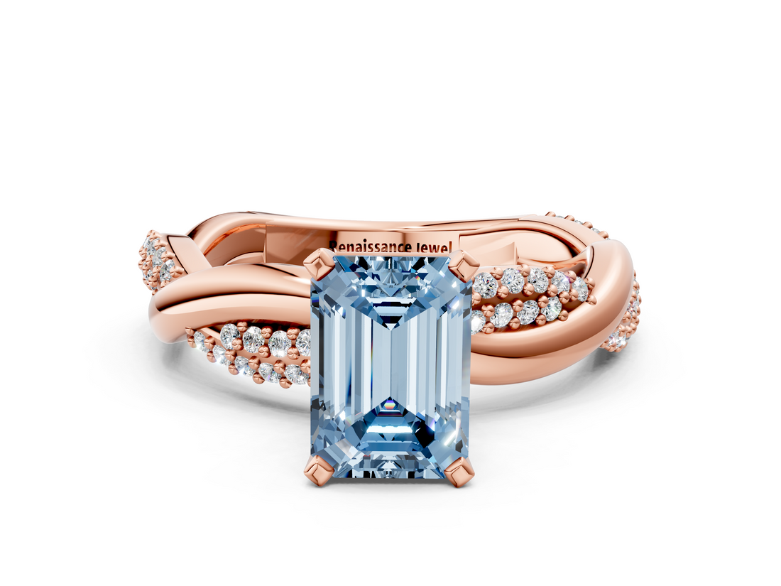 Rose gold Fancy Blue Emerald  Solitaire Twist Band with Pave Prong Setting_27