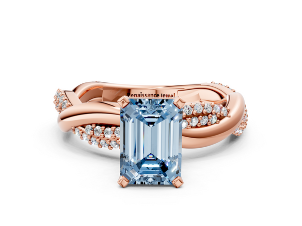 Rose gold Fancy Blue Emerald  Solitaire Twist Band with Pave Prong Setting