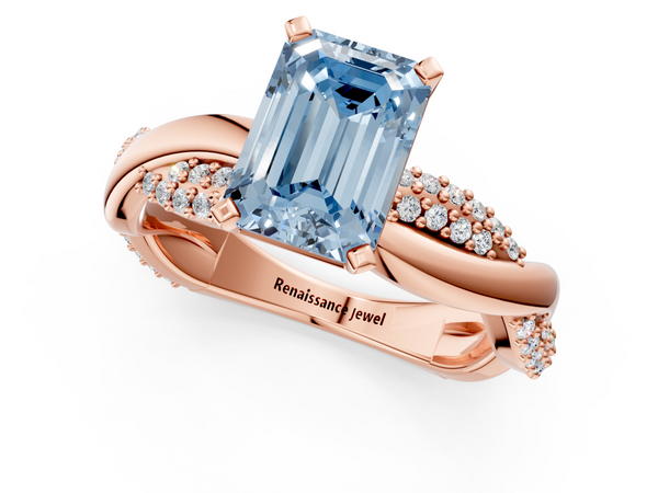 Rose gold Fancy Blue Emerald  Solitaire Twist Band with Pave Prong Setting