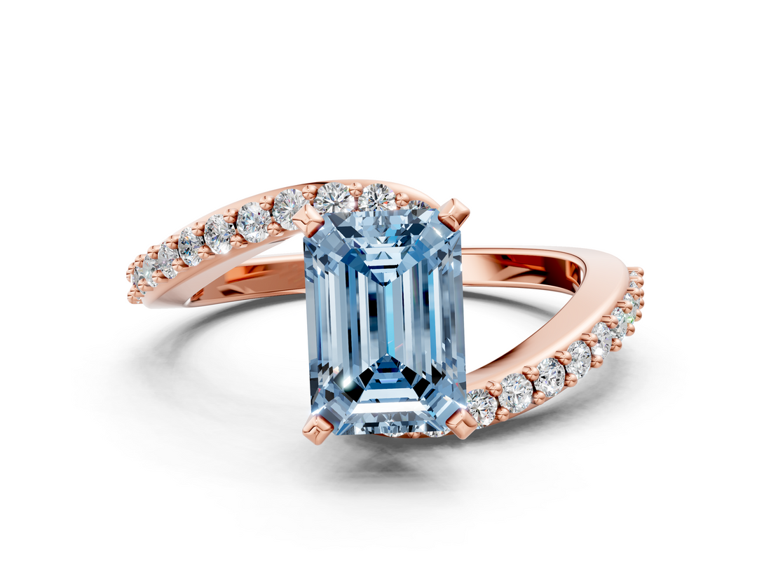 Rose gold Fancy Blue Emerald  Solitaire Twist Band with Pave Set Diamonds and Four-Prong Setting_91