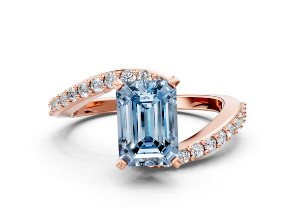 Rose gold Fancy Blue Emerald  Solitaire Twist Band with Pave Set Diamonds and Four-Prong Setting