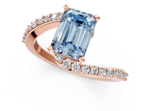 Rose gold Fancy Blue Emerald  Solitaire Twist Band with Pave Set Diamonds and Four-Prong Setting