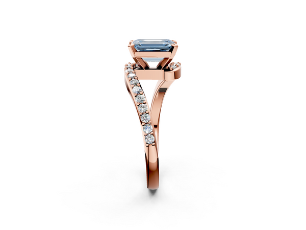 Rose gold Fancy Blue Emerald  Solitaire Twist Band with Pave Set Diamonds and Four-Prong Setting