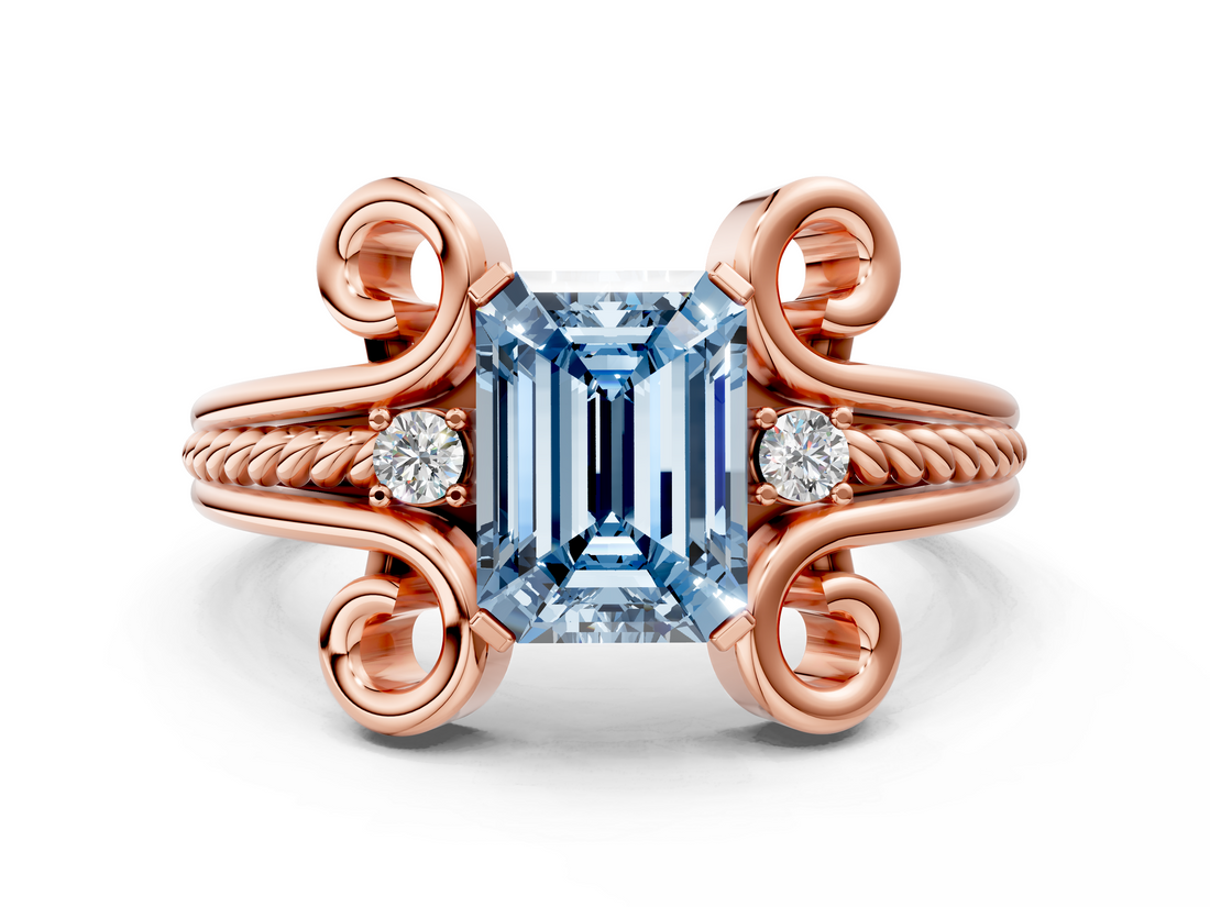Rose gold Fancy Blue Emerald  Solitaire Twisted Band Scroll Prong Ring_3
