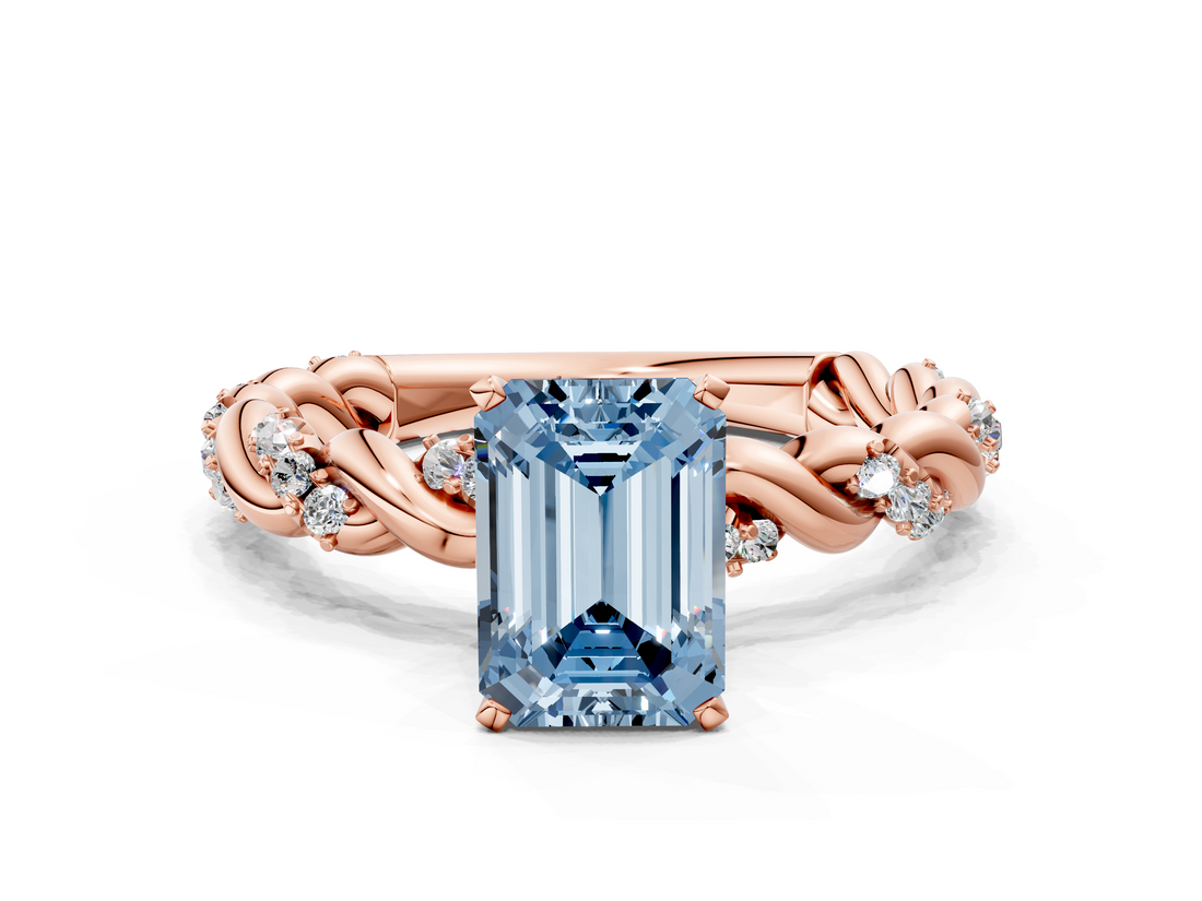 Rose gold Fancy Blue Emerald  Solitaire Twisted Band with Pavé Accents and Four-Prong Setting_3