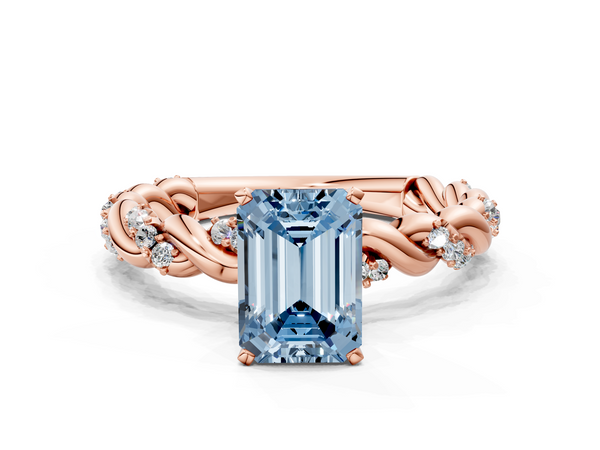 Rose gold Fancy Blue Emerald Cut Diamond Solitaire Ring with Twisted Band and Pavé Accents