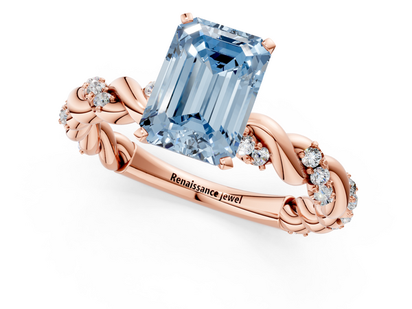 Rose gold Fancy Blue Emerald Cut Diamond Solitaire Ring with Twisted Band and Pavé Accents