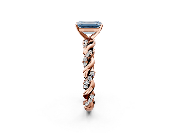 Rose gold Fancy Blue Emerald Cut Diamond Solitaire Ring with Twisted Band and Pavé Accents