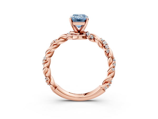 Rose gold Fancy Blue Emerald Cut Diamond Solitaire Ring with Twisted Band and Pavé Accents